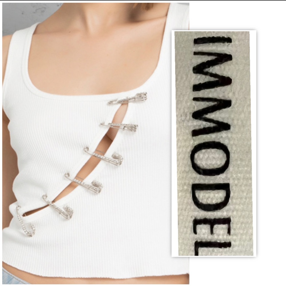 IMMODEL White Rhinestoned Safety Pin Top